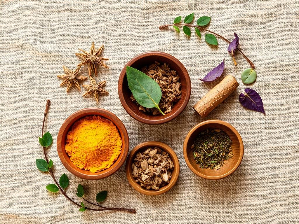 Ayurvedic herbs in wooden bowls