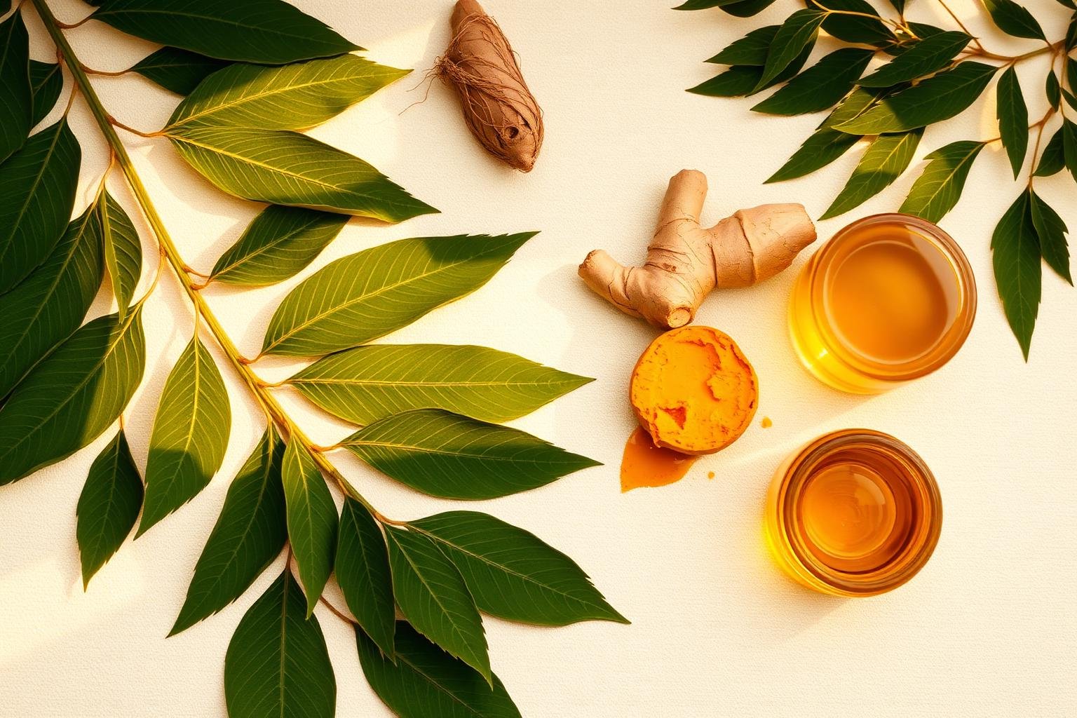 Ayurvedic neem leaves, turmeric and herbal oils